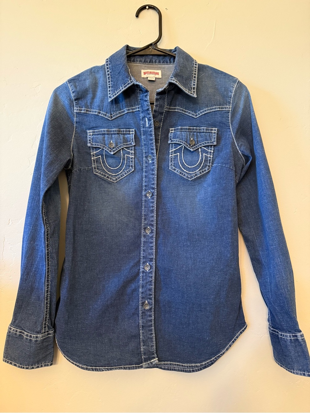 True Religion Women's Western Denim Long Sleeve Shirt Blue, XS